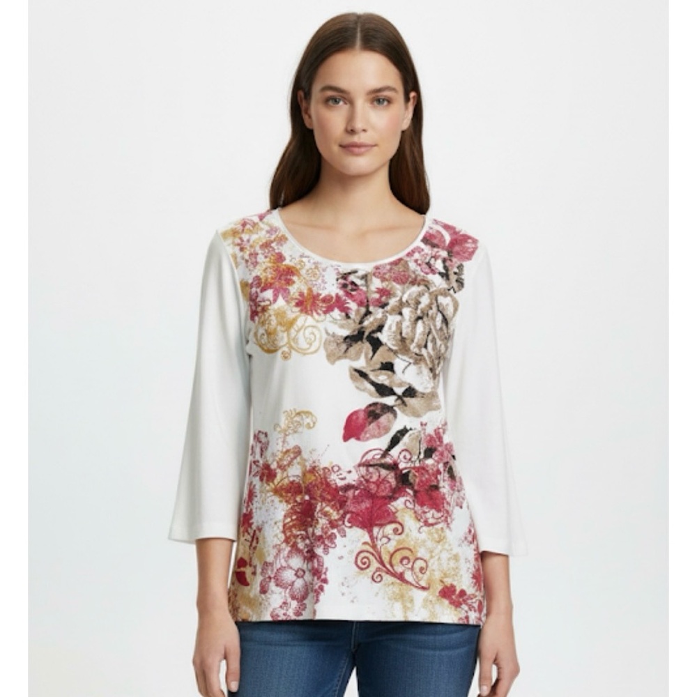JM COLLECTION Floral Print Embellished Top, Women’s L, White Pink Tan